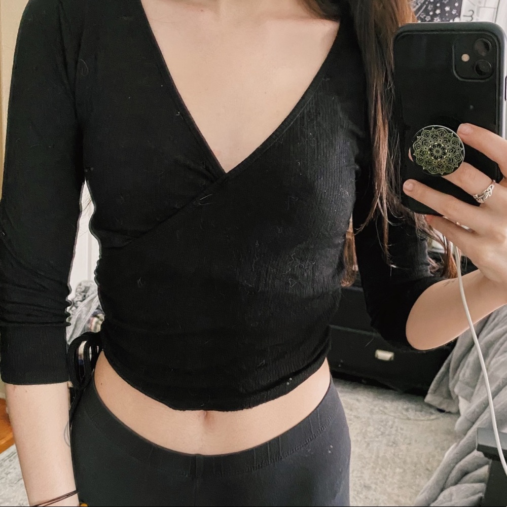 Black Mock Wrap Shirt with Ruched Sides